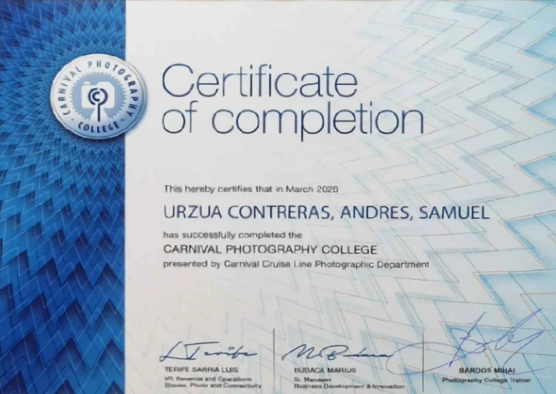 Preview of Andrés Urzúa’s Carnival Photography College certificate of completion